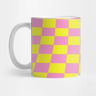 Warped perspective coloured checker board effect grid yellow and pink Mug
